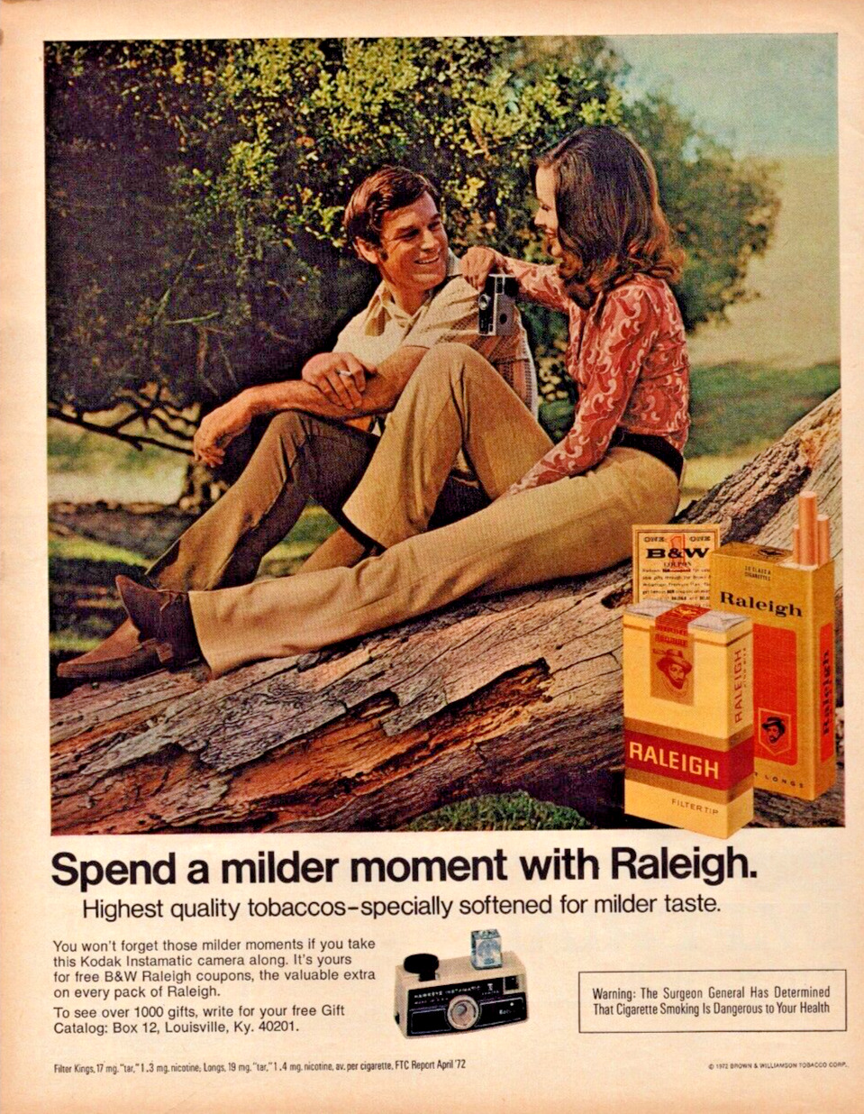 1972 Raleigh Cigarettes Milder Moments Coupons Free Gifts Vintage Print Ad