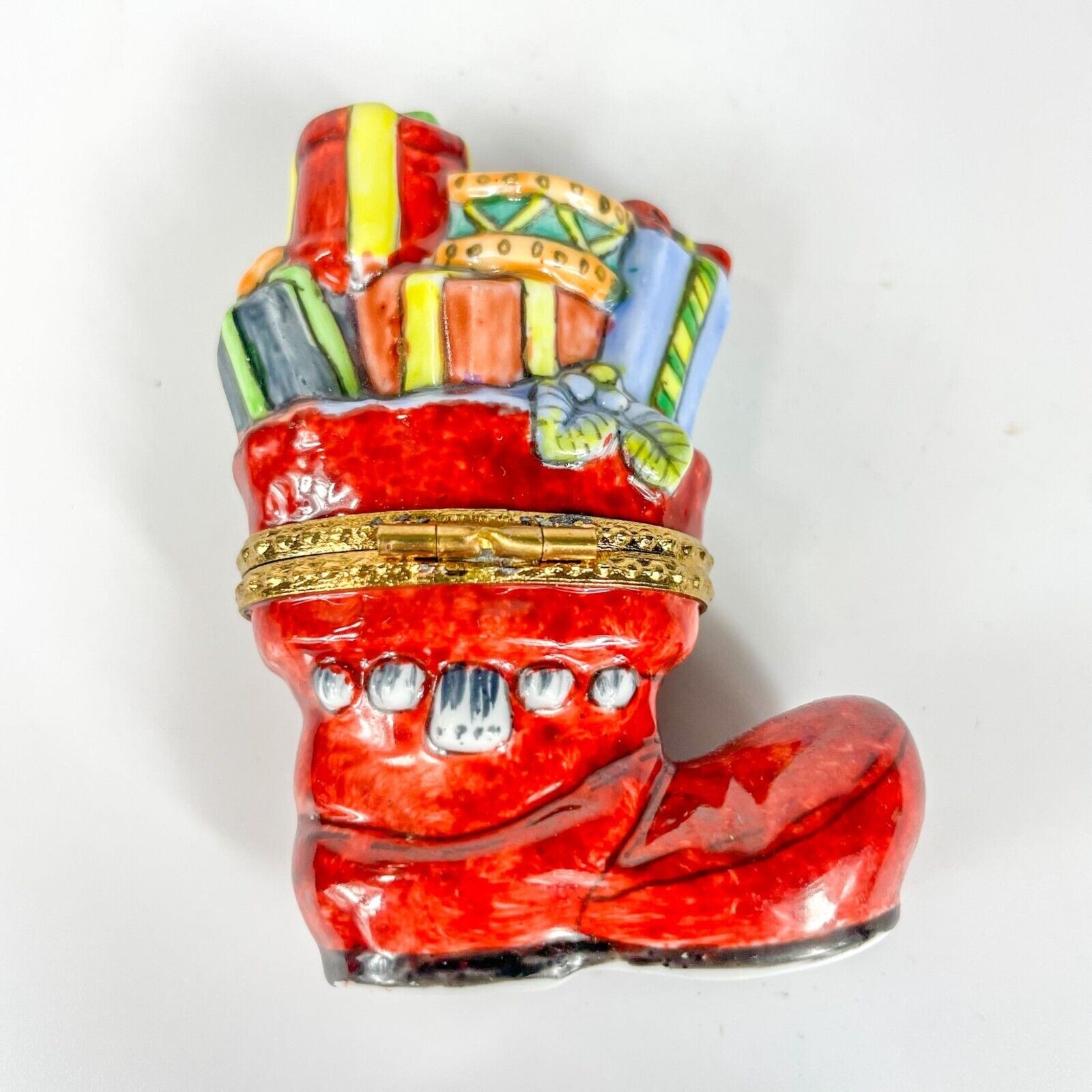 Limoges Red Christmas Boot full of Presents Trinket Box