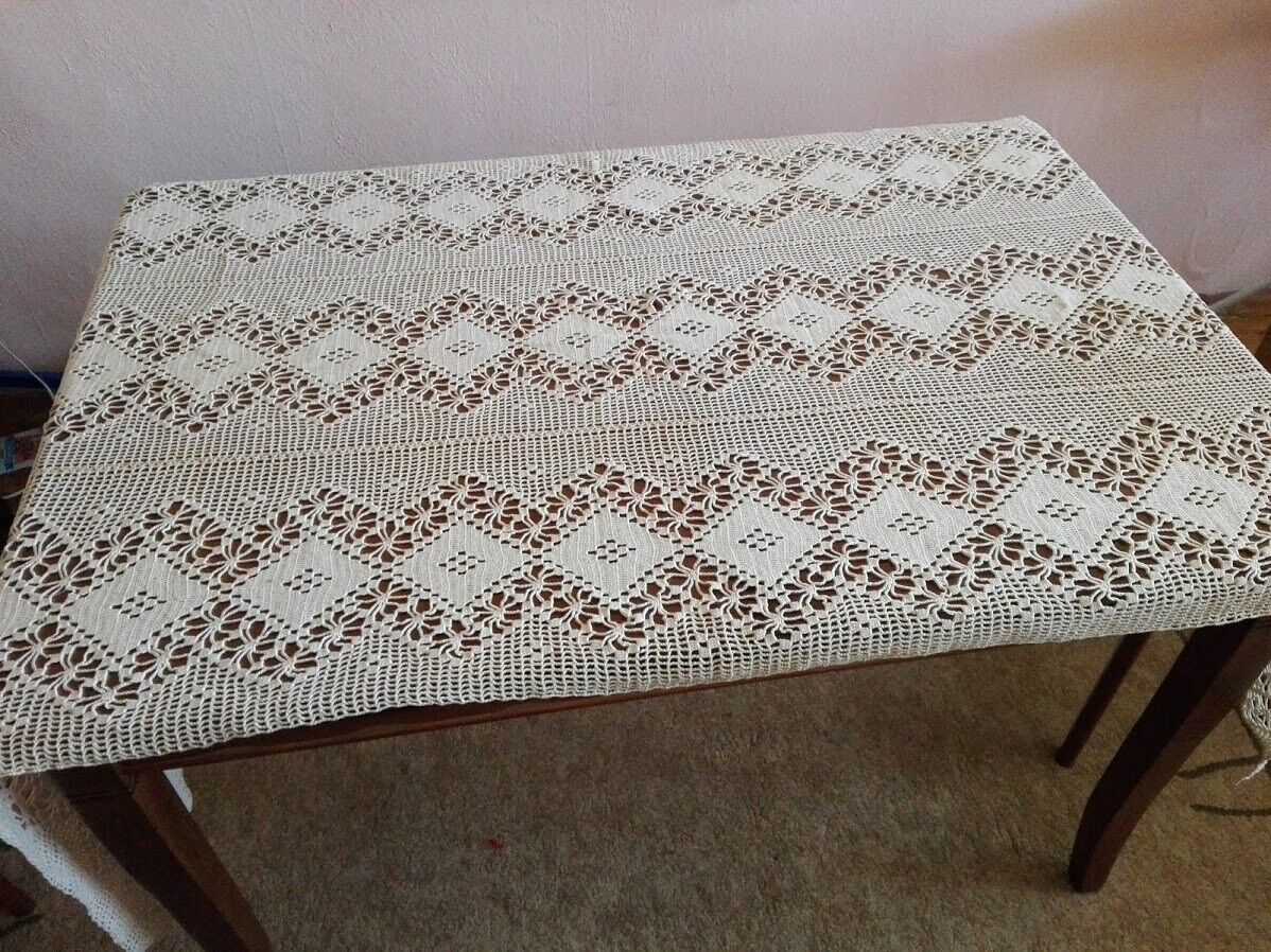 Vintage Rectangle Tablecloth, Hand Crochet Cotton Lace 185x93 cm, 72.8x36.6 in