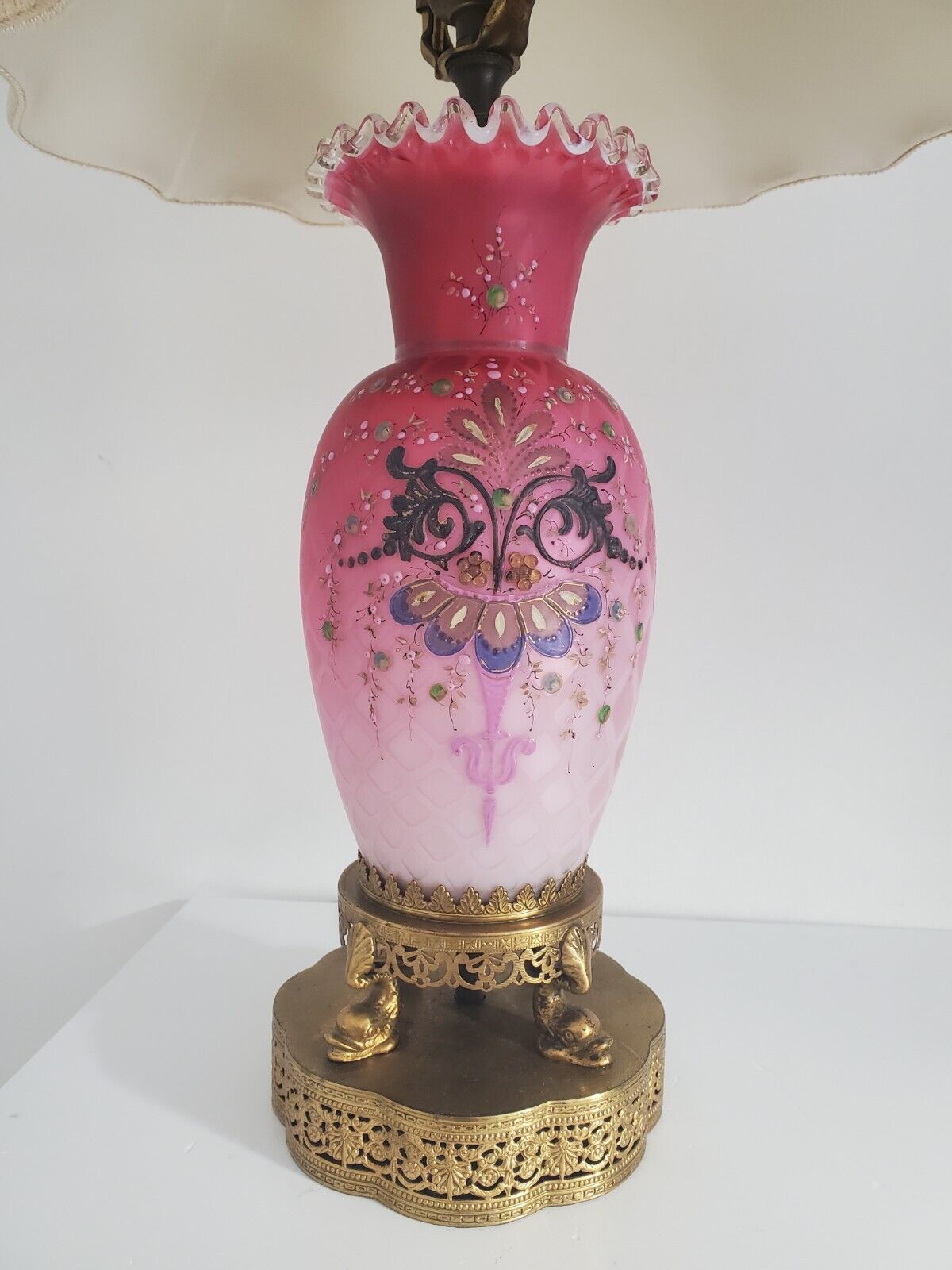 Antique Pink/ Peach Blow Enameled Boudoir  Lamp Dolphin Feet Base H 24