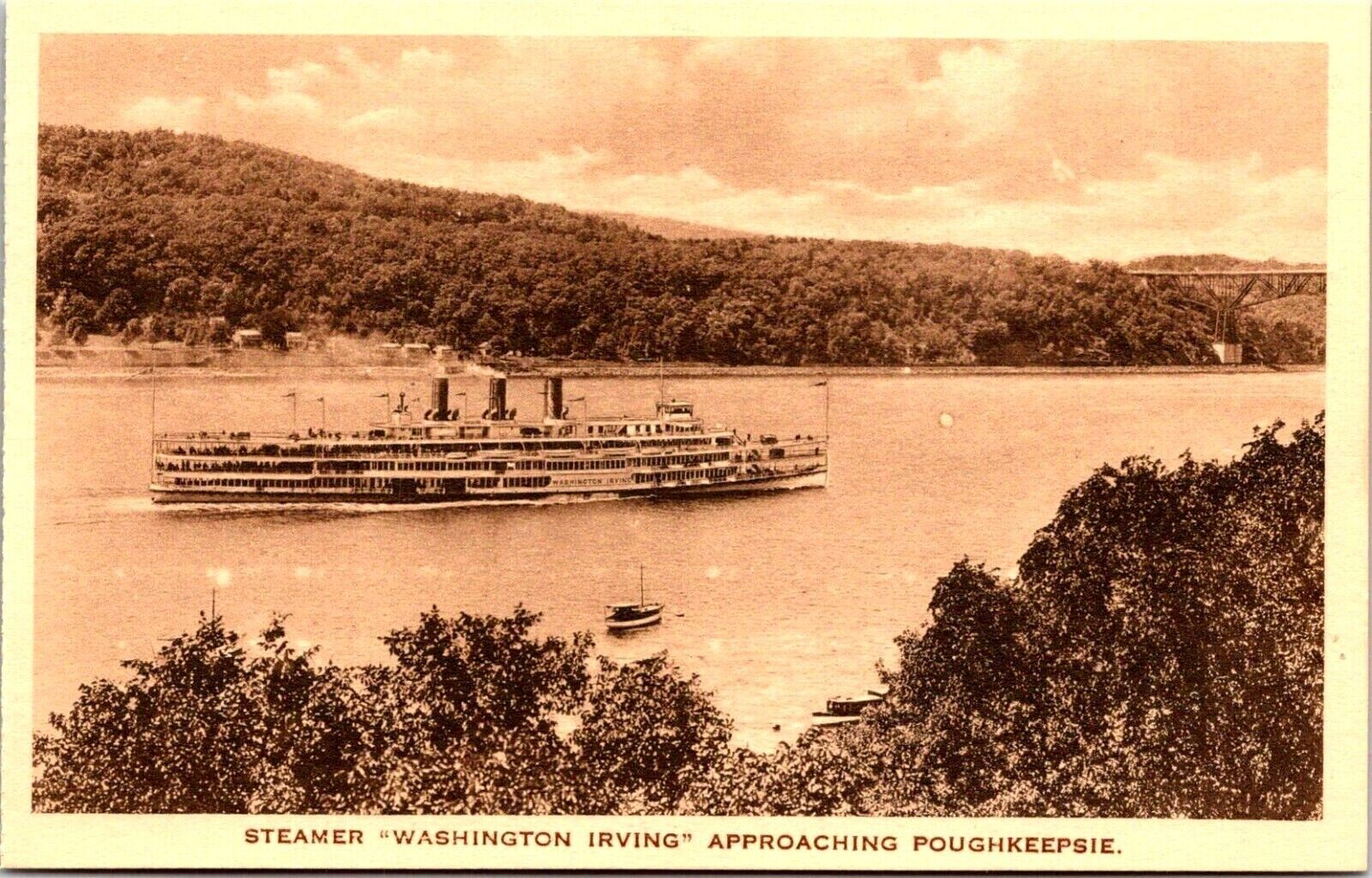 Postcard  Steamer Washington Irving Approaching Poughkeepsie New York, Sepia