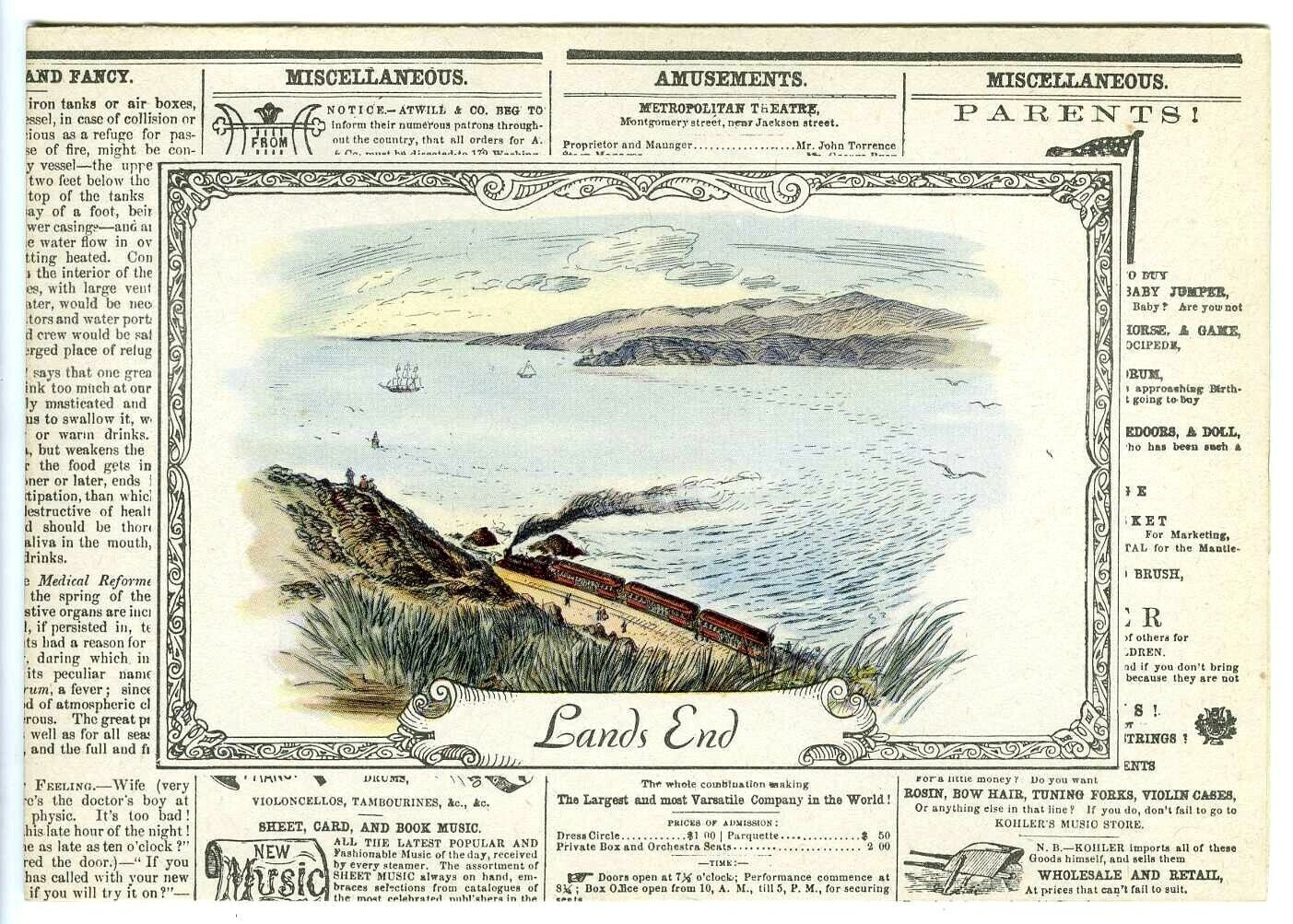 c.1880s SAN FRANCISCO LANDS END RAILROAD TRAIN & GOLDEN GATE~NEW 1980 NOTE CARD