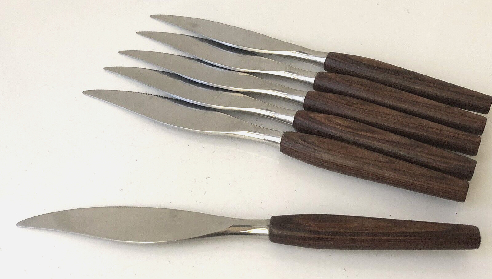 Lot 6 Vintage Mode Danish Steak Knives Teak Wood Handle MCM Stainless Flatware