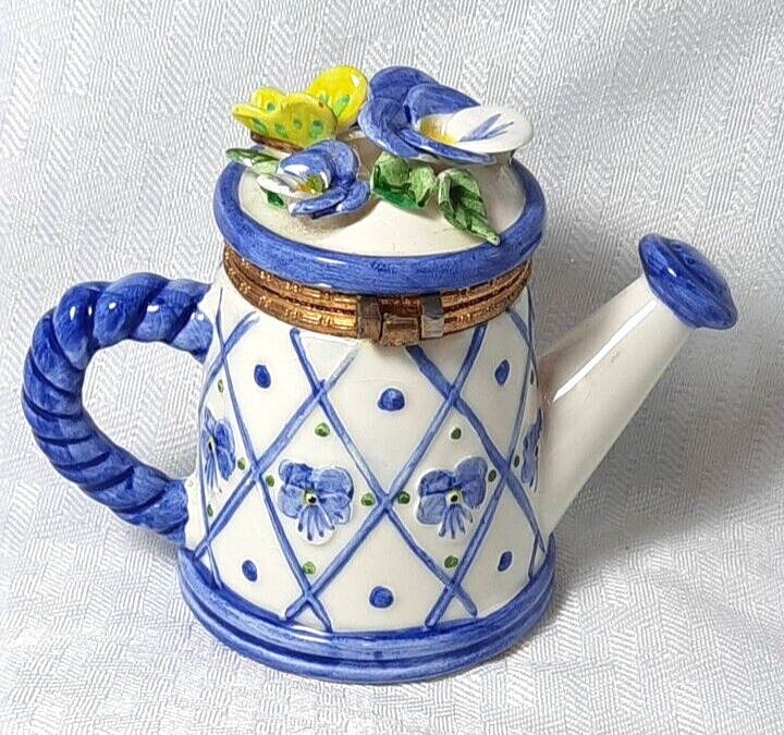 Vintage Mudpie Porcelain Trinket Box - Blue Floral Watering Can - 1999