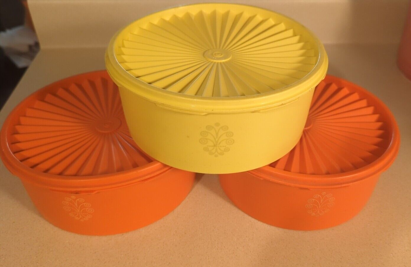 Lot Of 3 Vintage Tupperware Servalier Containers With Lids - Orange Yellow 1204