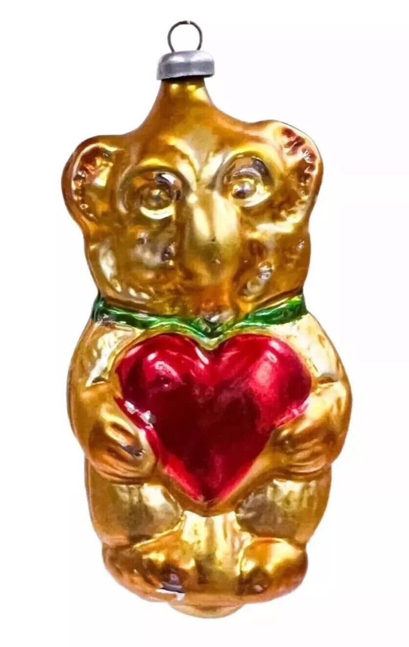 Vintage Figural Gold Teddy Bear w/ Heart West Germany Glass Ornament