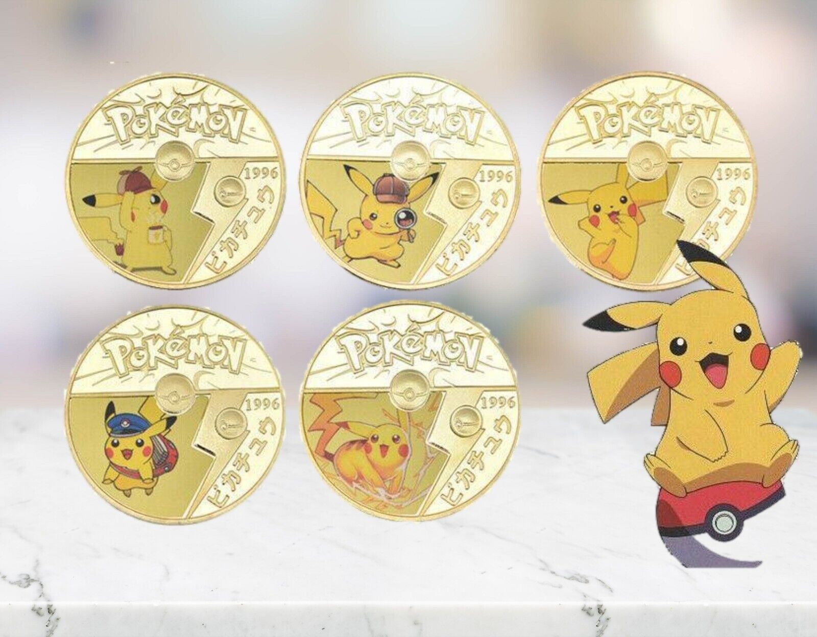 5 PCS Pokemon Pikachu Coin Japan Anime Gold Commemorative Coin Collectibles Japa