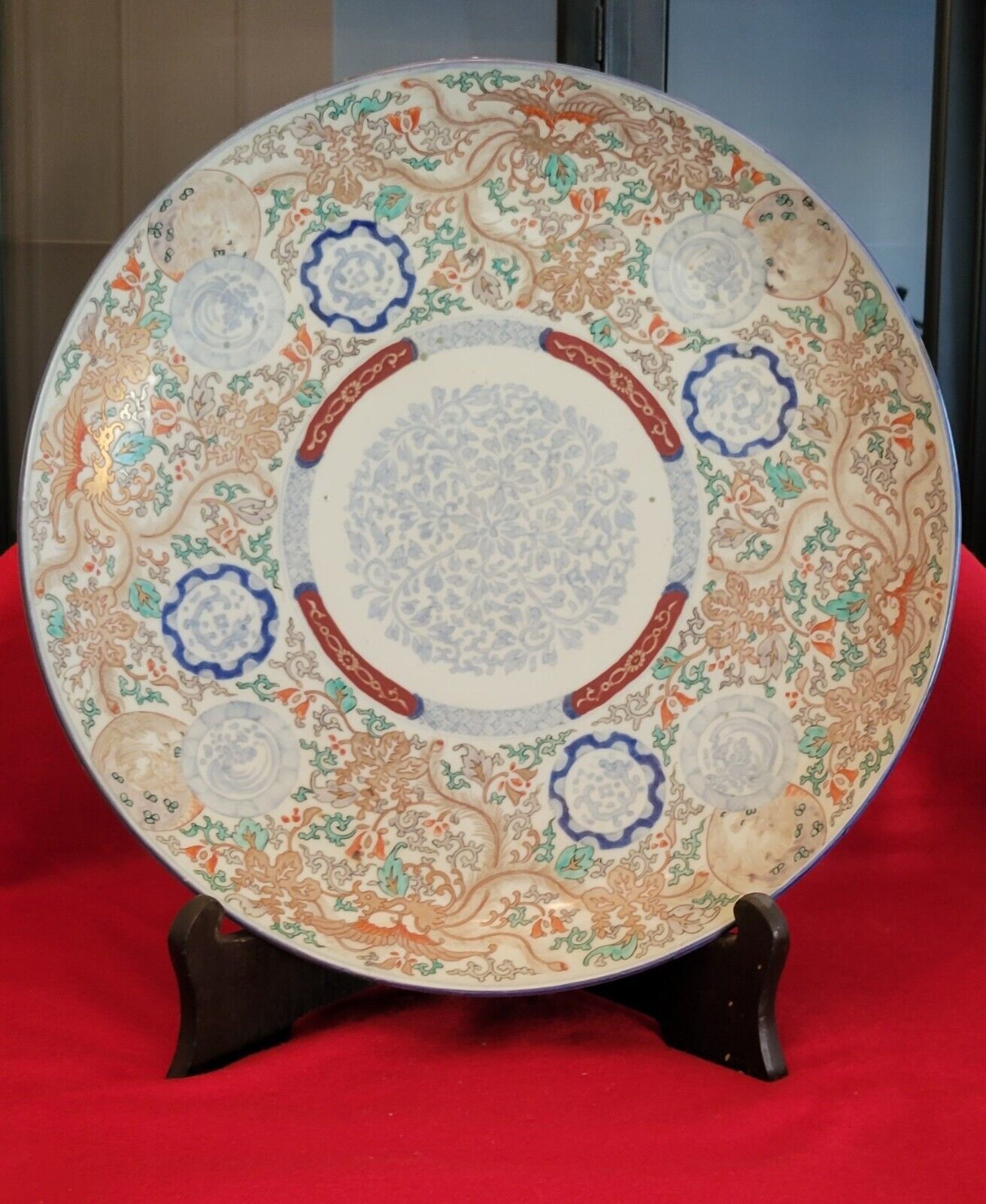 Asian Hand Painted Plate on Black Wooden Stand