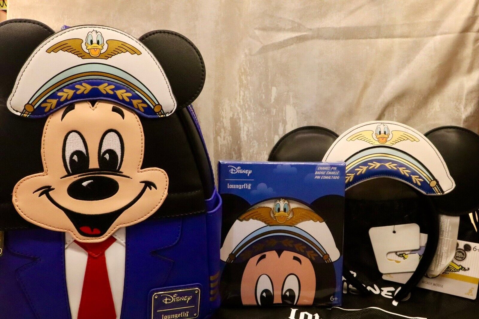 New Disney Loungefly D23 Pilot Mickey Walt's Plane Mini Backpack 4 Piece Bundle
