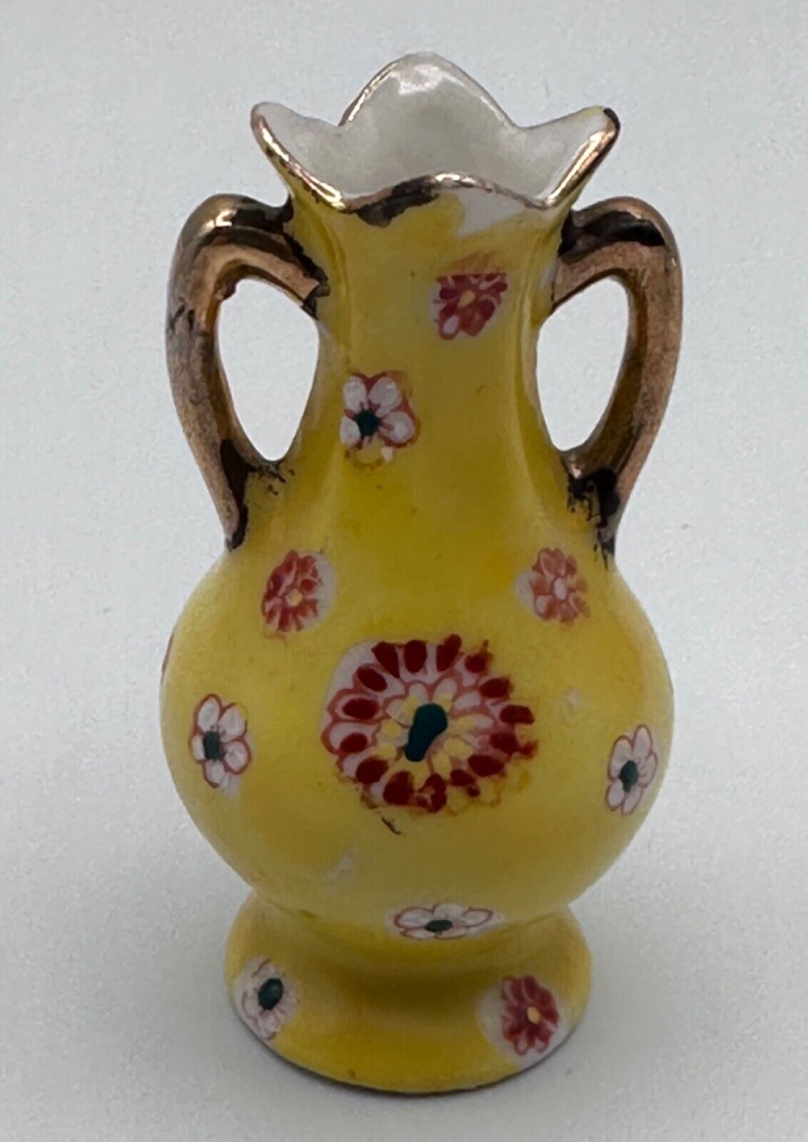Vintage Miniature Hand Painted Floral Yellow Vase Gold Trim Japan 2.5\