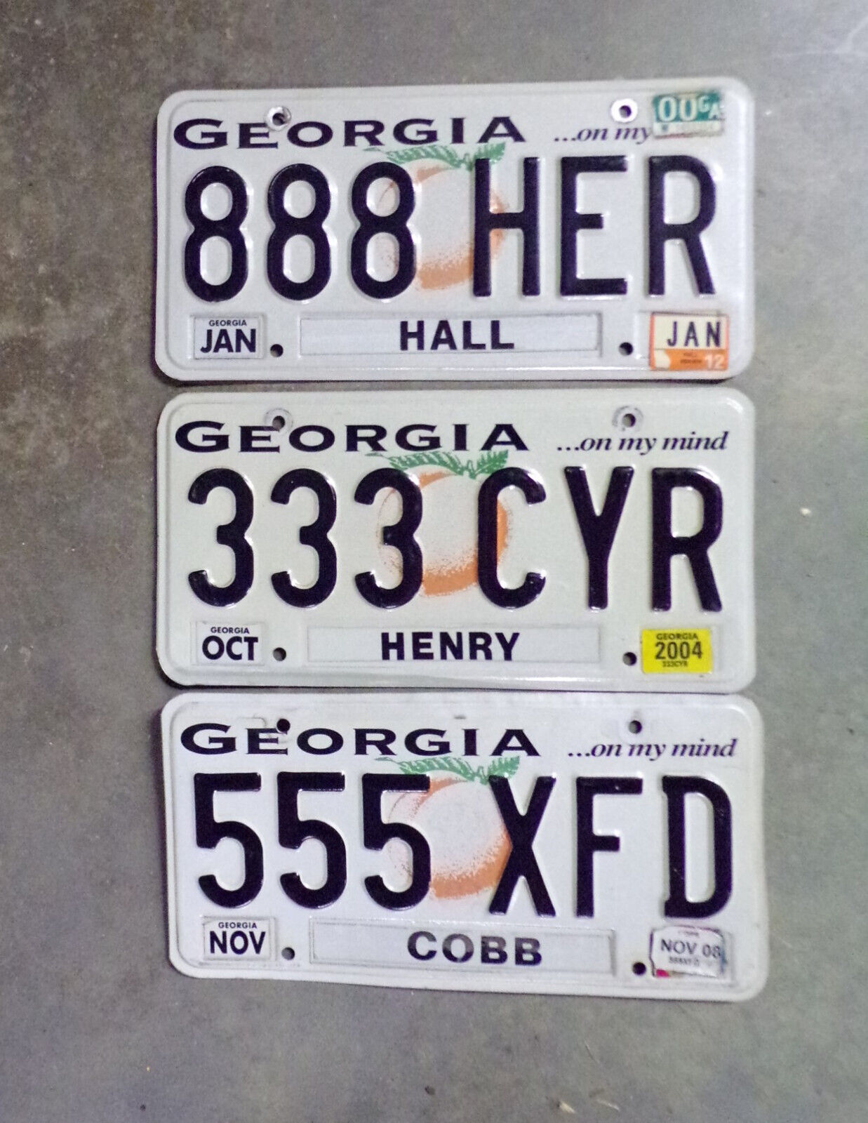Three expired Georgia License Plates with Triple Numbers...333 555 888