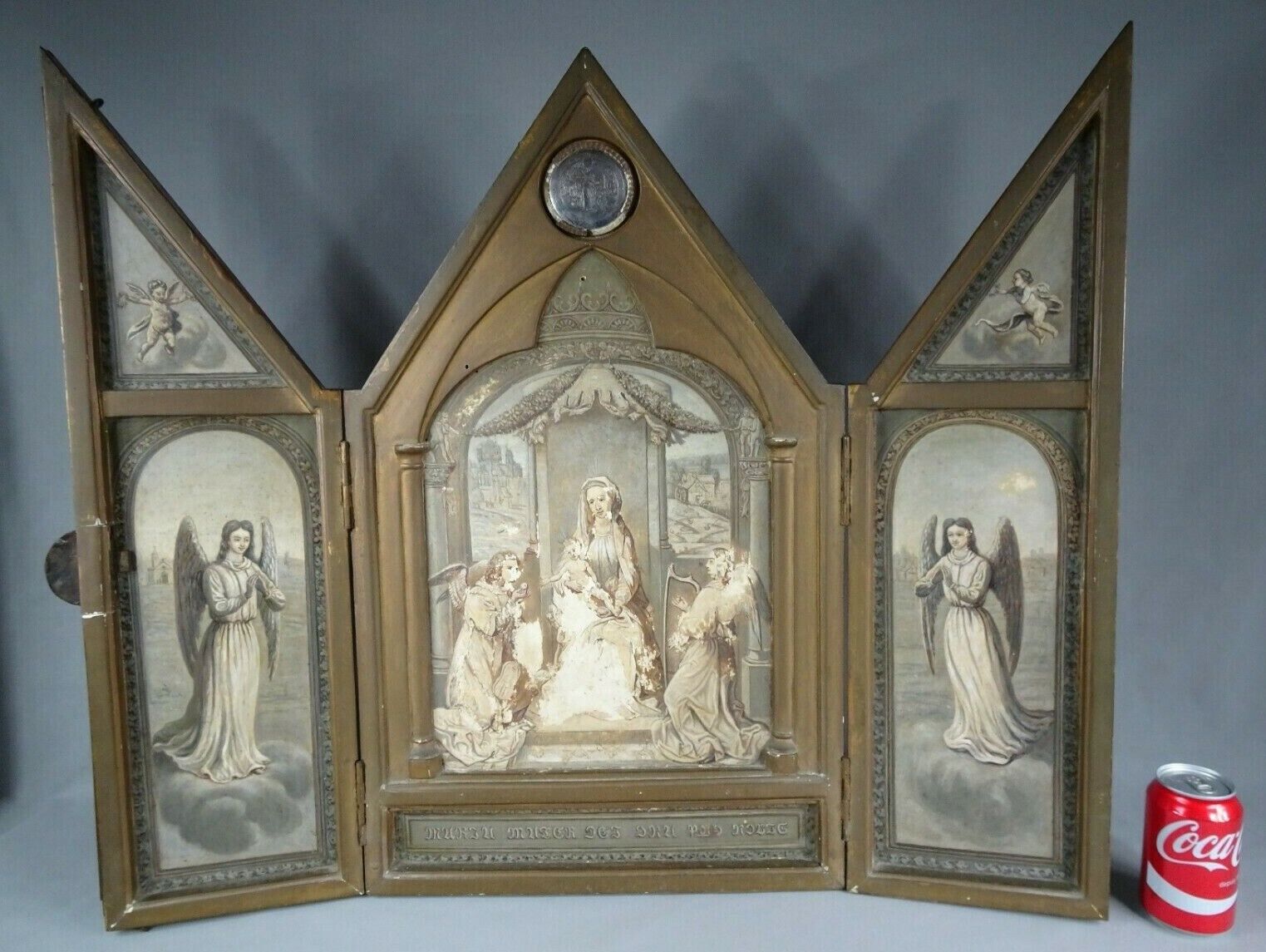 Antique Large Wood Hand Painted Religious Triptych Altarpiece Icon 19th C.