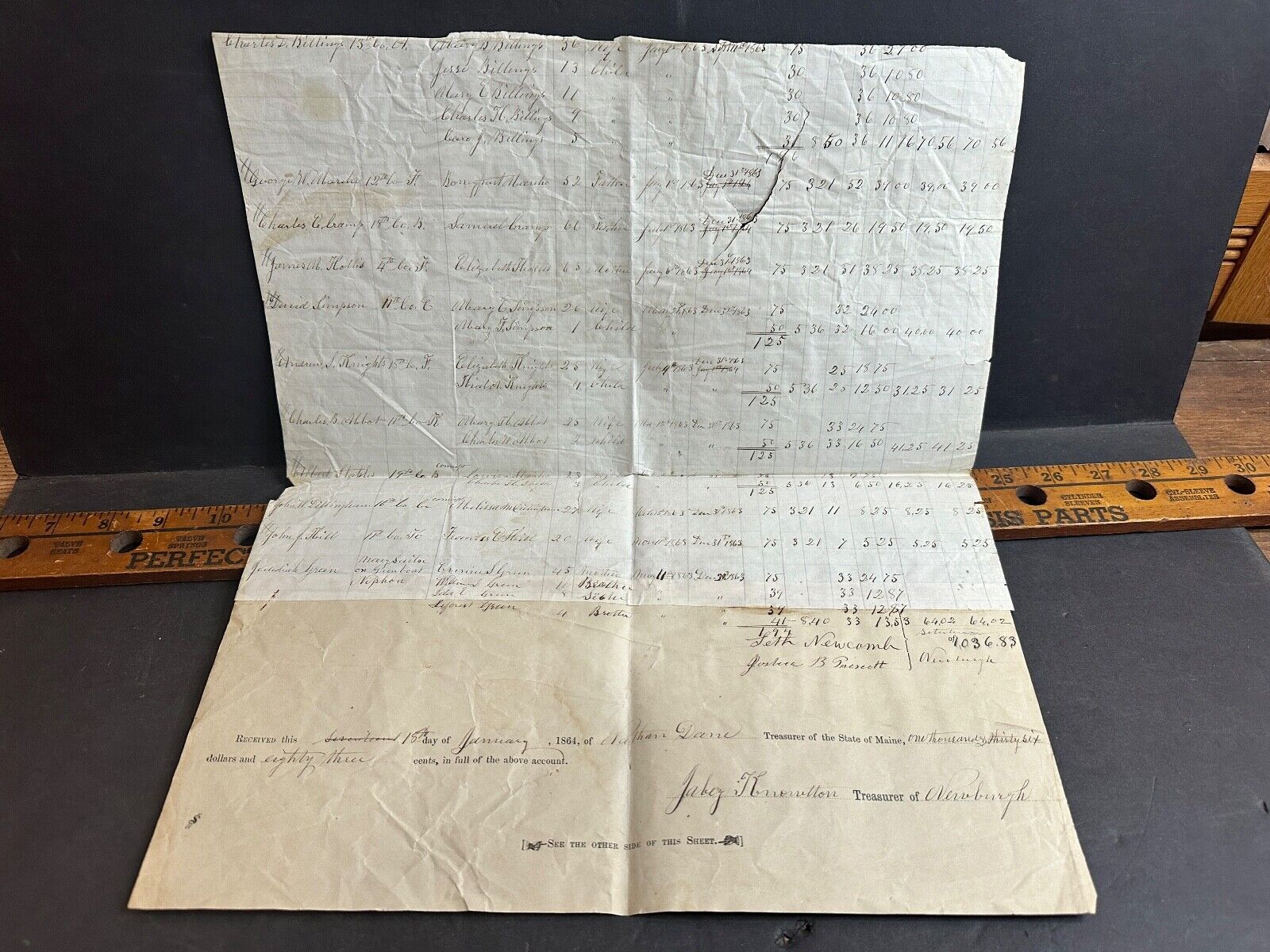 1864 Civil War Soldier Family Aid List & Receipt, Newburgh, Maine