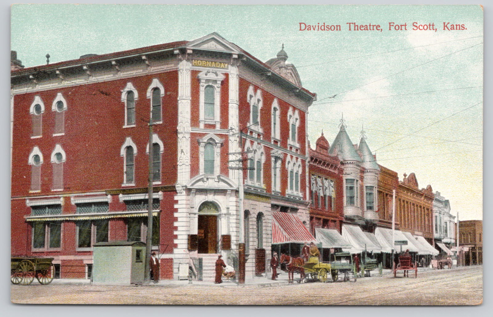 Postcard Fort Scott, Kansas, Davidson Theatre, Street View, Horse Wagons A763