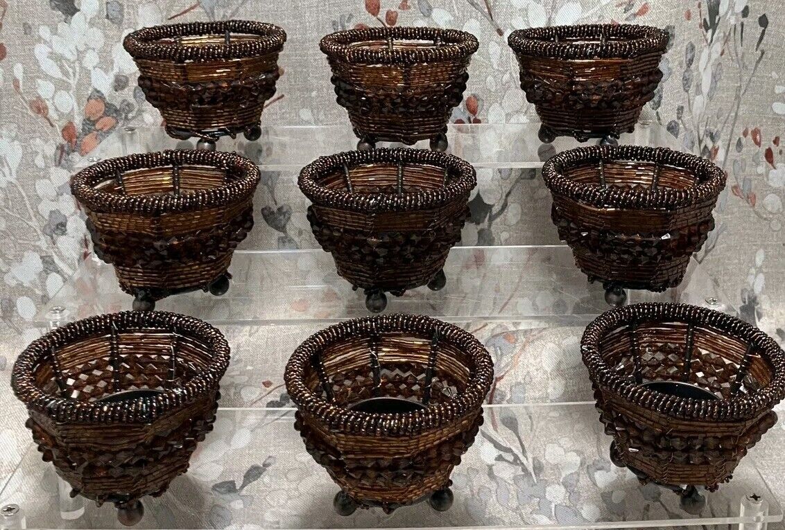 Bohemian Beaded & Wire Wrapped Votives Bronze Tealight Candle Holders Set Of 9 