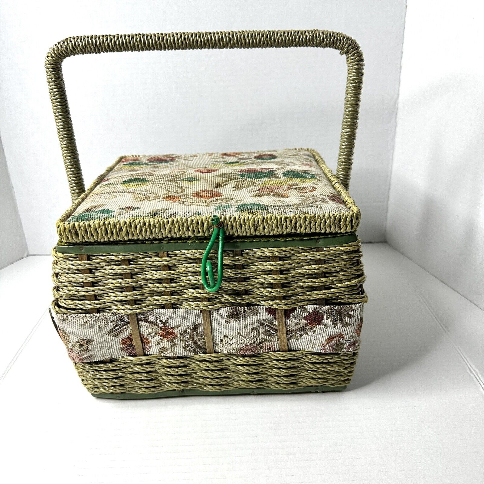 Vintage Woven Wicker Sewing Basket With Tapestry Top And Tray Inside