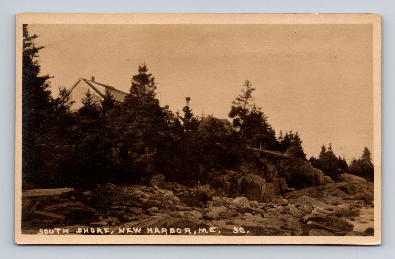 New Harbor ME-Maine, RPPC: South Shoreline, Scenic Vintage c1927 Postcard