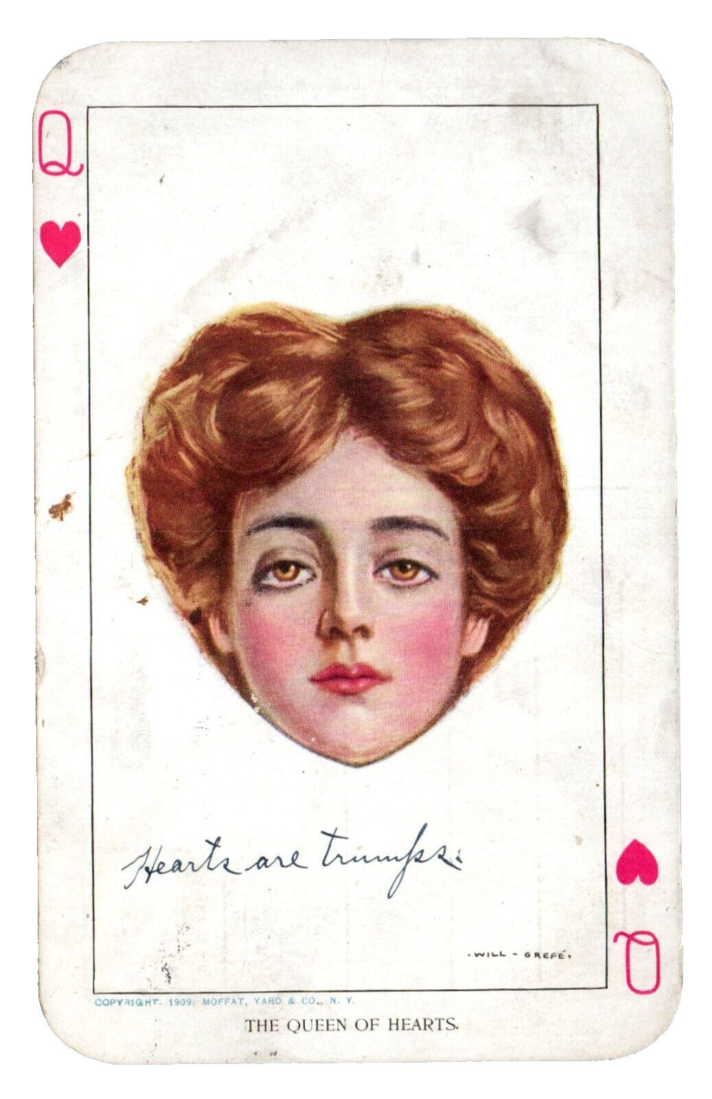 c1909 Queen of Hearts Postcard Playing Card Woman Moffat Will Grefe Edward Gross