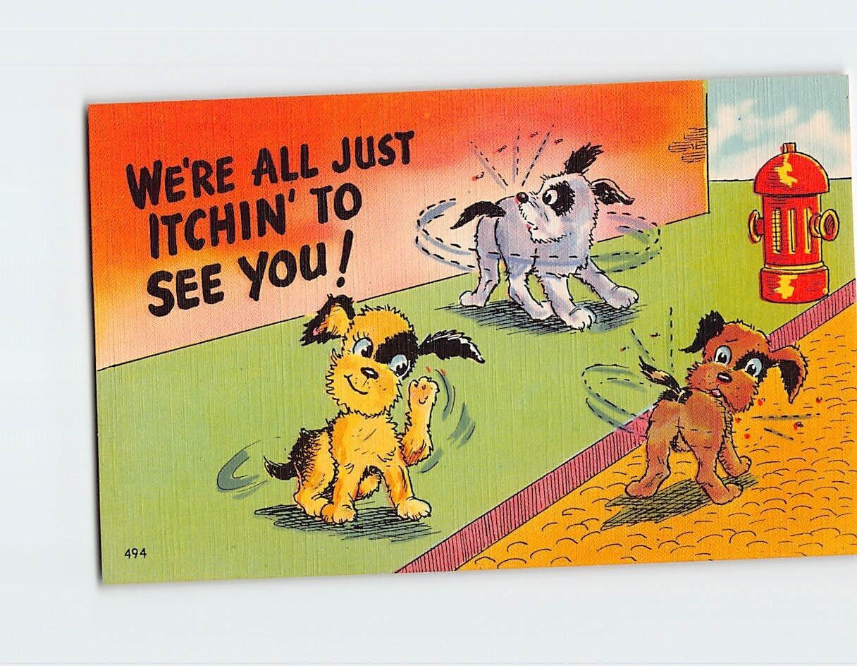 Postcard We're All Just Itchin' To See You with Dogs Comic Art Print