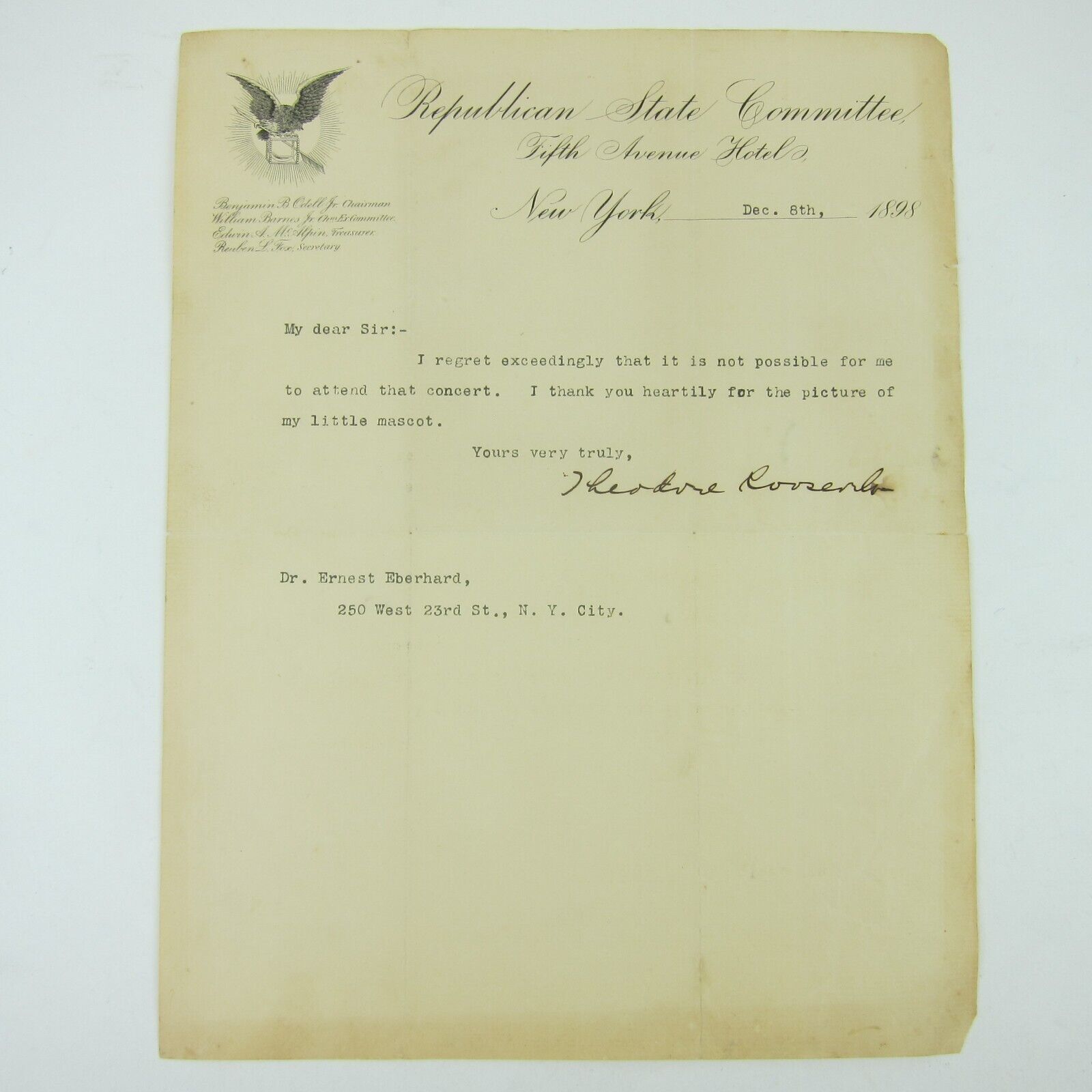 Theodore Roosevelt Signed Letter Ernest Eberhard Grand Conservatory Music 1898