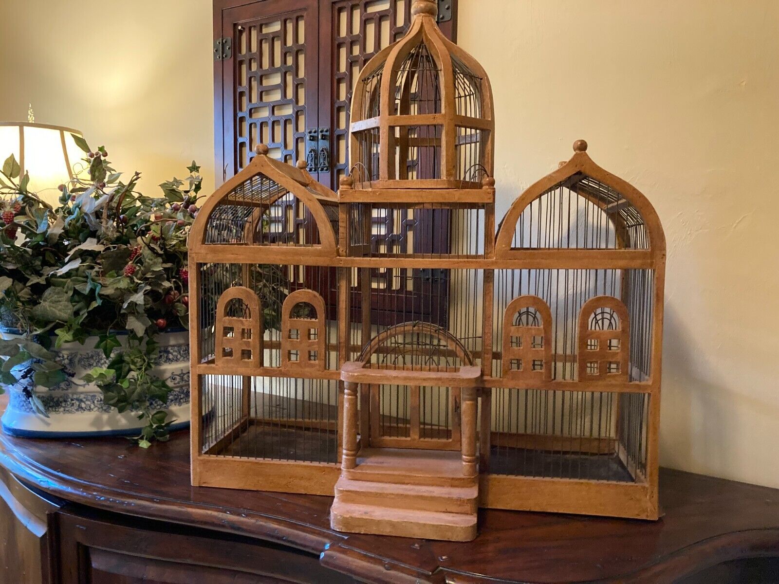 XXL Antique Victorian French Wood/Wire Taj Mahal Dome Bird Cage~32 X 27 X 12\