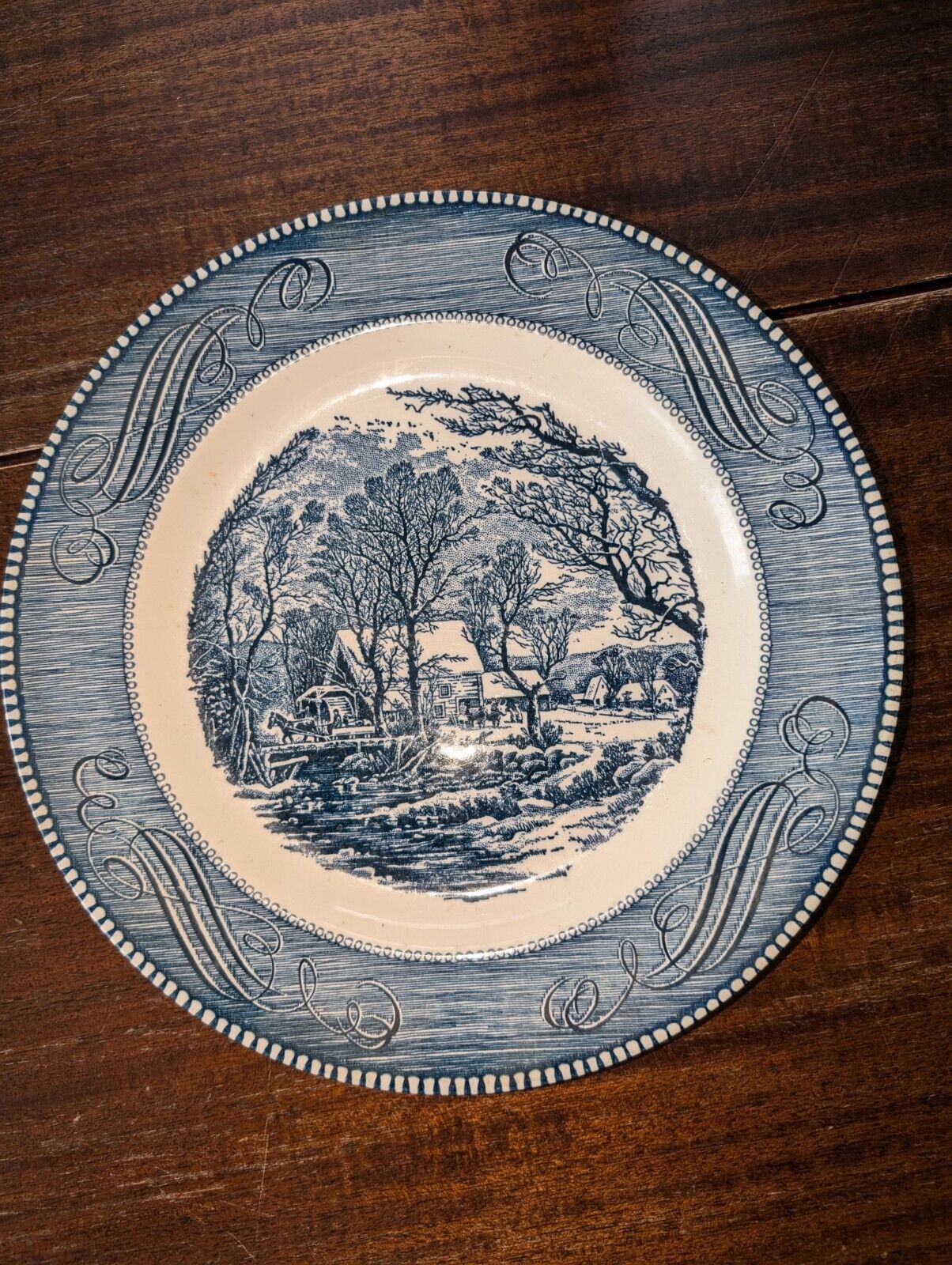 Currier and Ives Royal China The Old Grist Mill 10” Dinner Plate. Vintage