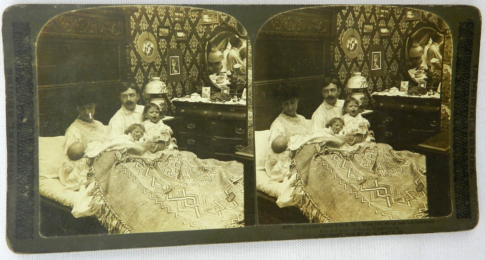 Young Family Bedroom in Quilt with Infant Child - Stereoview Card - Stereoscope