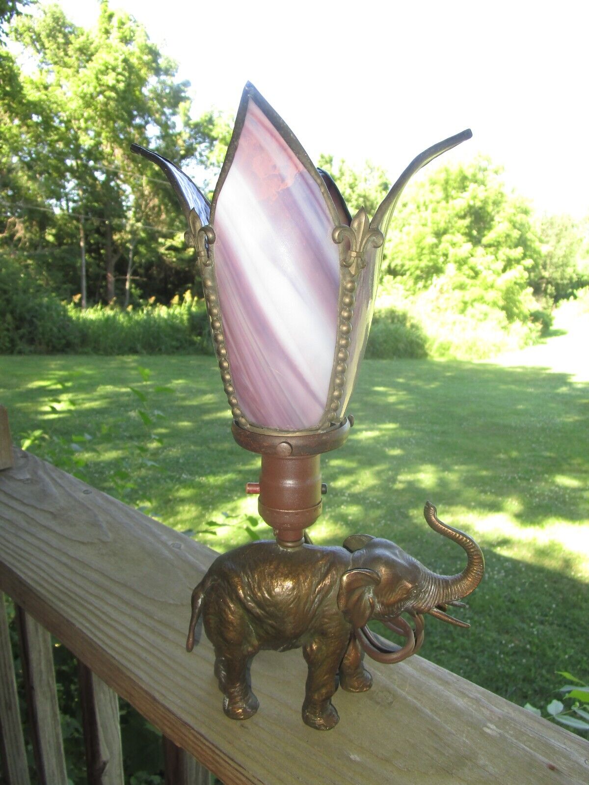 Petite Antique Metal Elephant Lamp W Grape Purple Slag Glass Shade