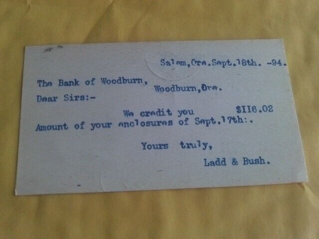 RARE 1894 POSTCARD NOTE BANK OF WOODBURN OREGON SALEM OREGON LADD & BUSH