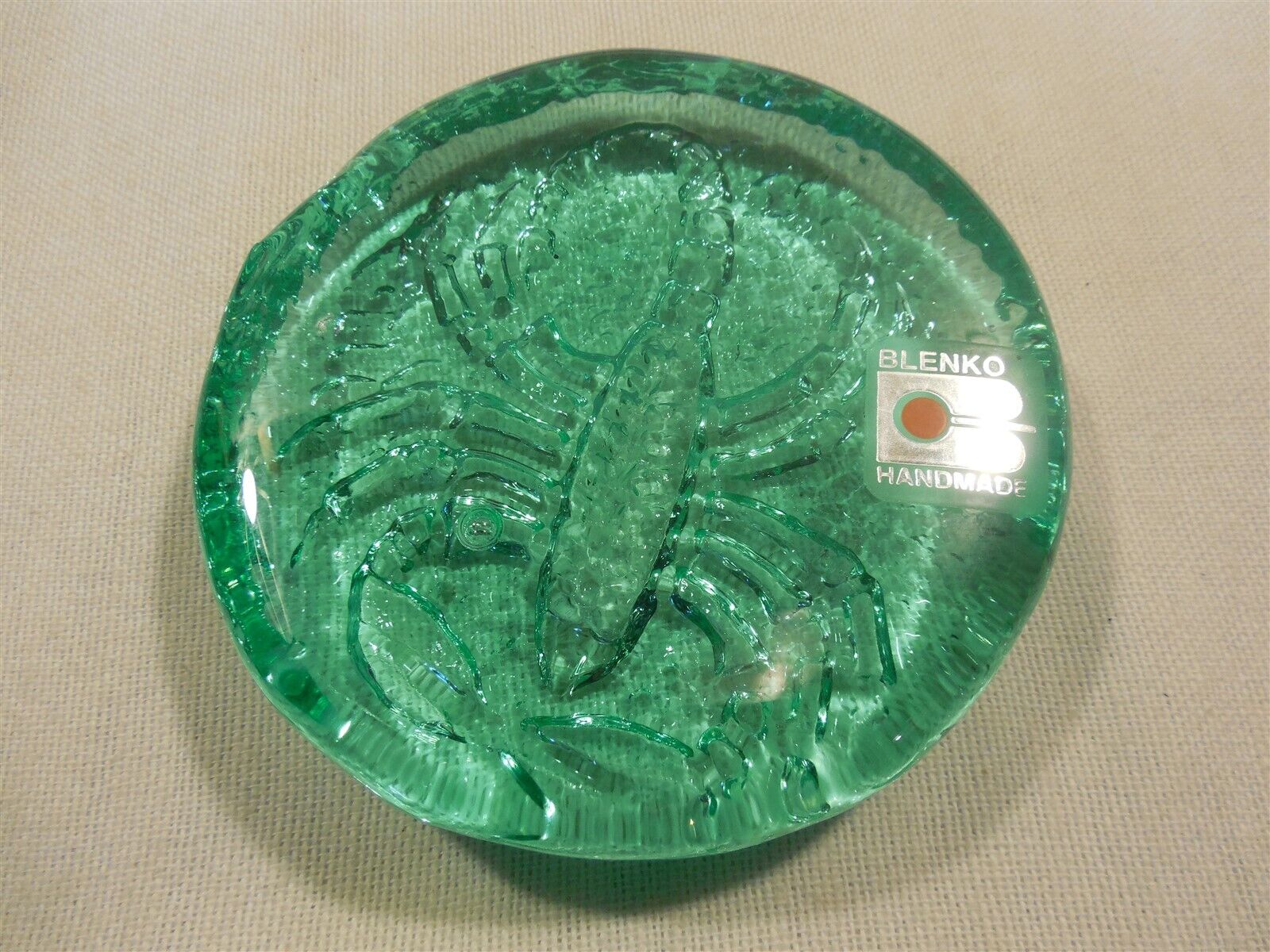 Vintage Blenko Green Glass Scorpio Zodiac Scropion Paperweight with Label