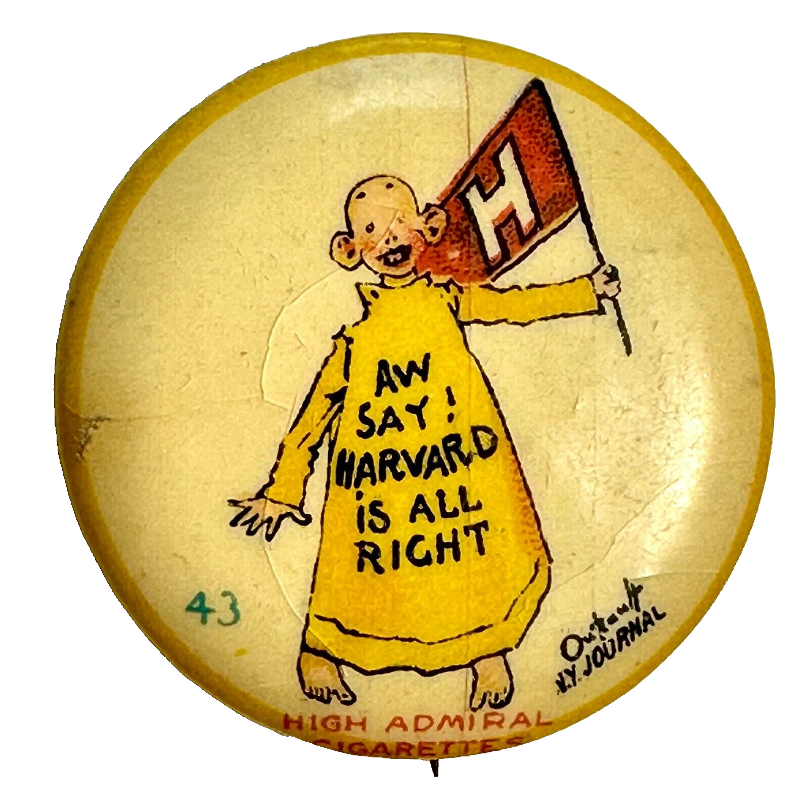 1896 High Admiral Cigarettes Yellow Kid 43 Outcault Pinback Button HARVARD