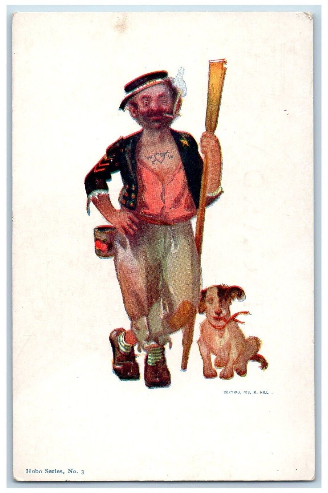 R. Hill Artist Signed Postcard Tattoo Hobo Cigarette Smoking Dog c1905 Antique