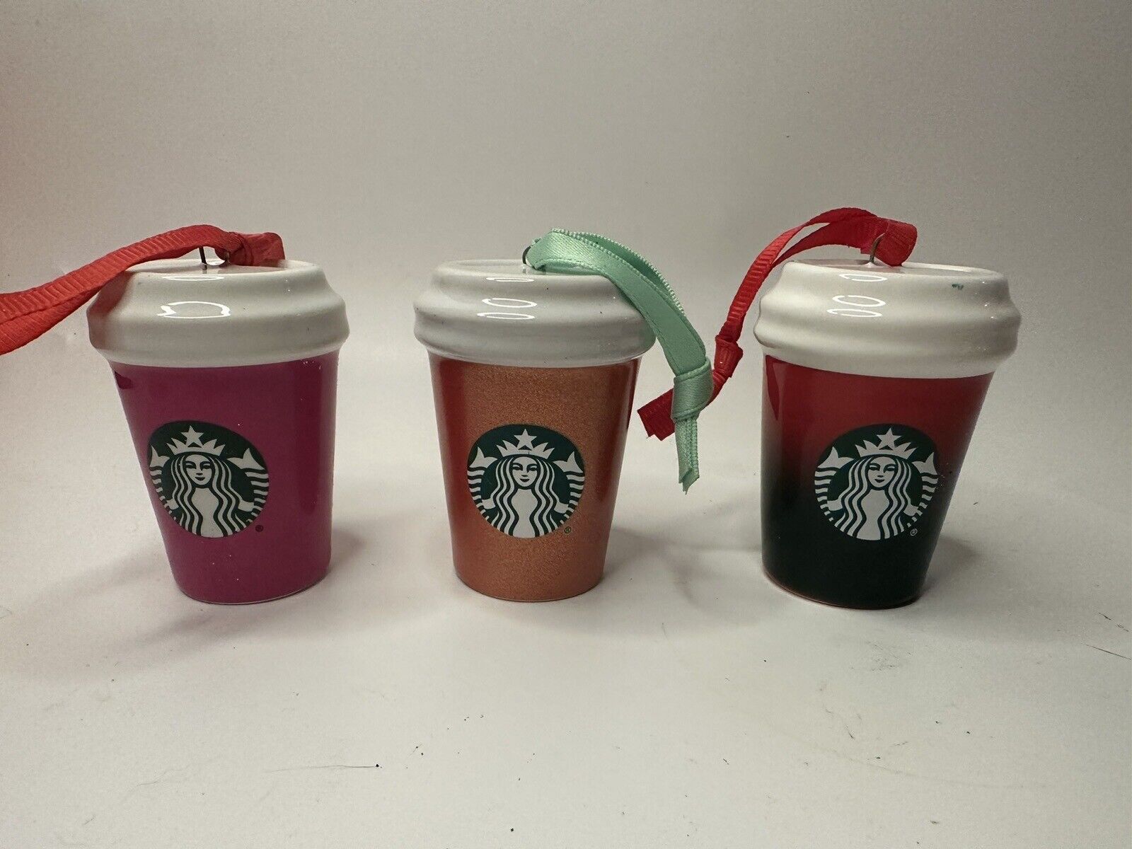 Set Of 3 Mini Starbucks Hot Cup Ornaments 2021 Ceramic 2.5”