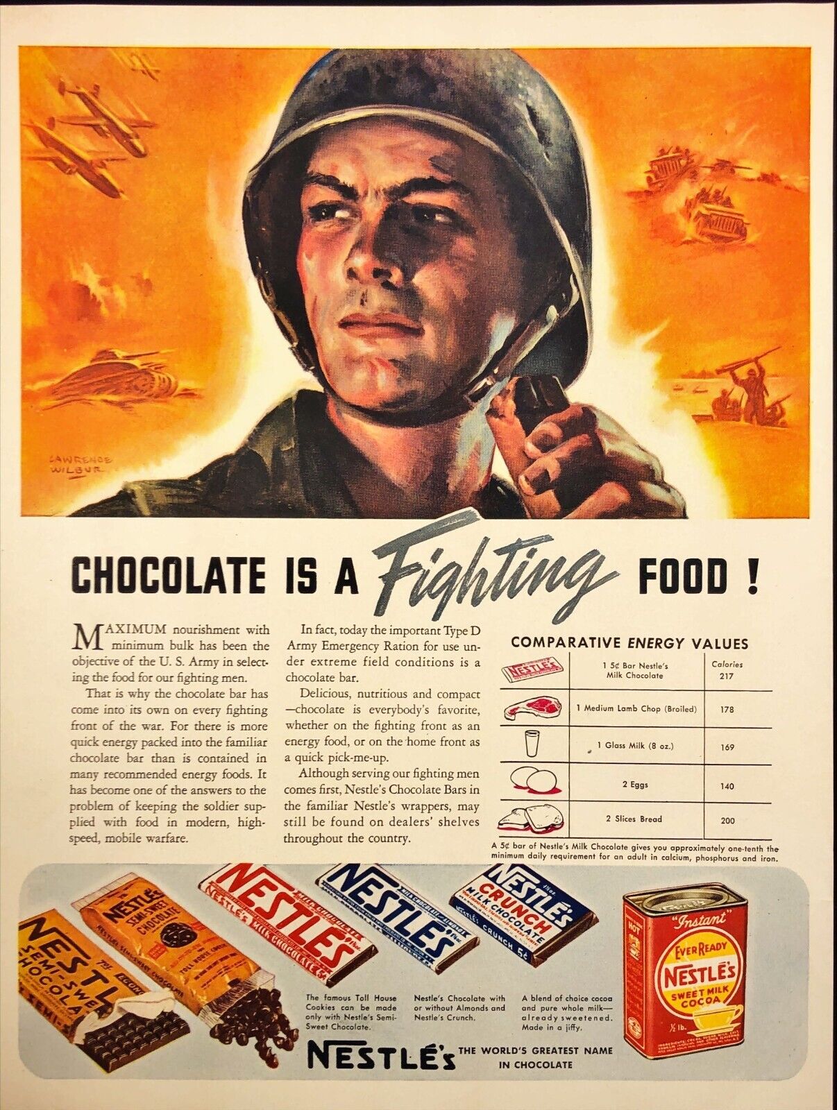 1942 Nestles Chocolate is a Fighting Food Army Ration WWII Vintage Print Ad