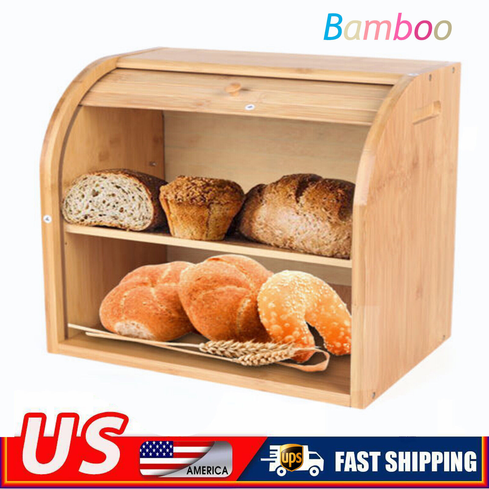 2-Layer Bread Box Bread Keeper Bamboo Wood With Lid Kitchen Storage Containers