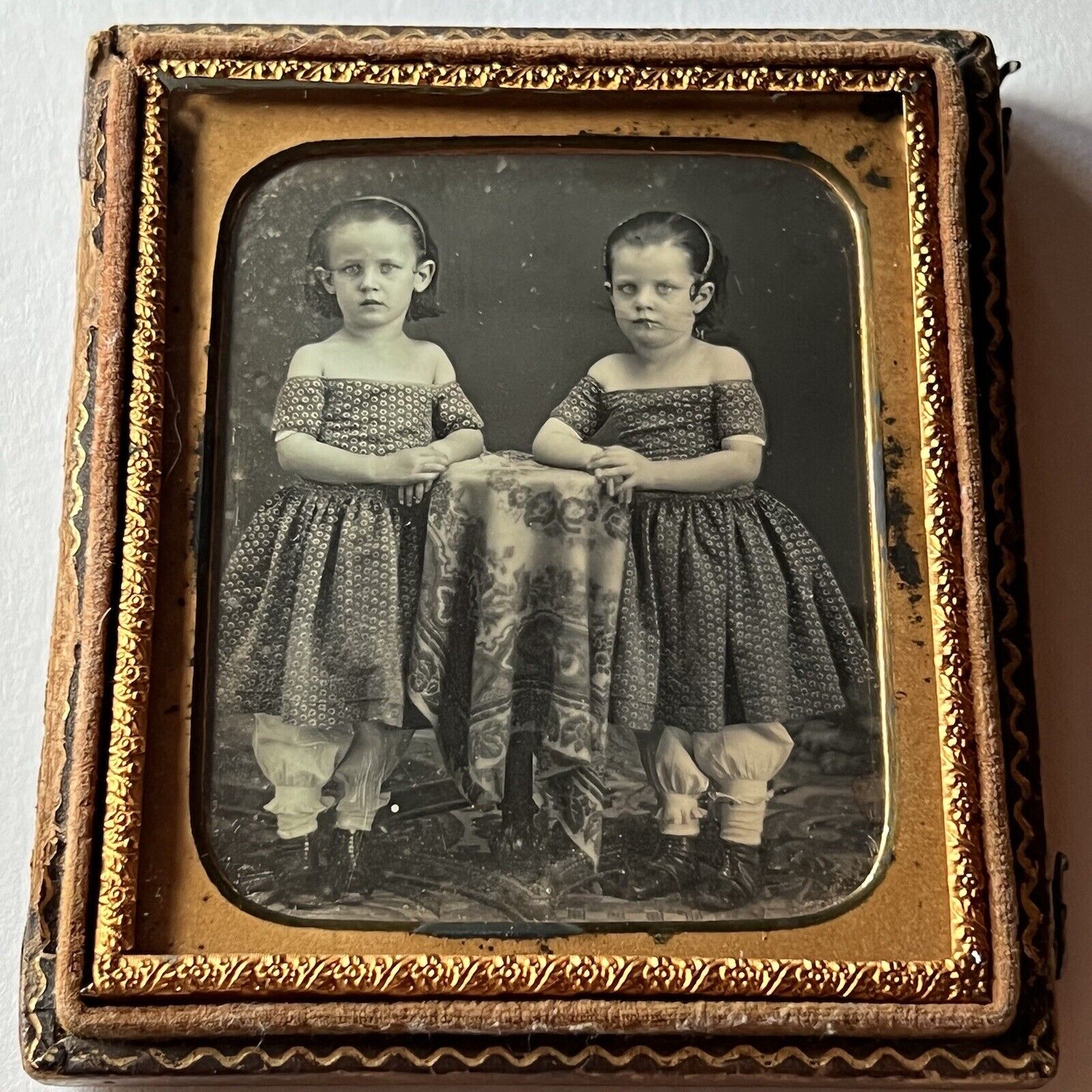 Antique Daguerreotype Photograph Half Case Adorable Little Girls Sisters Twins