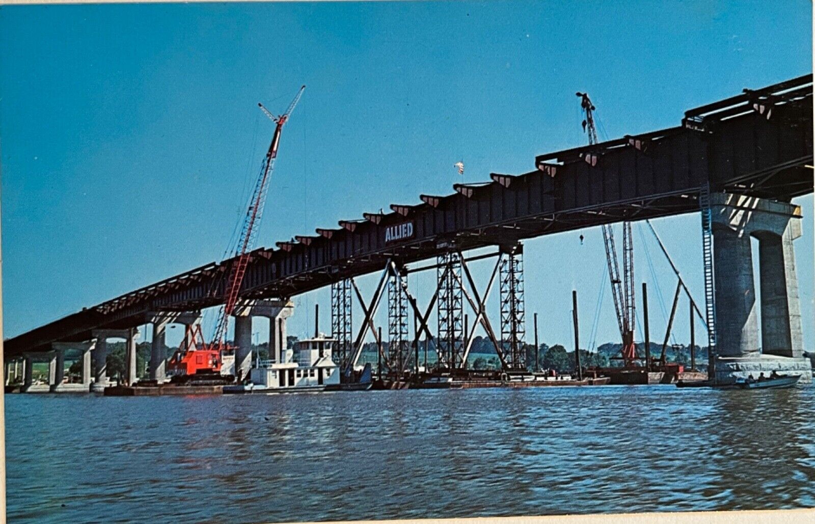 LeClaire Iowa Mississippi Bridge Construction Postcard c1960