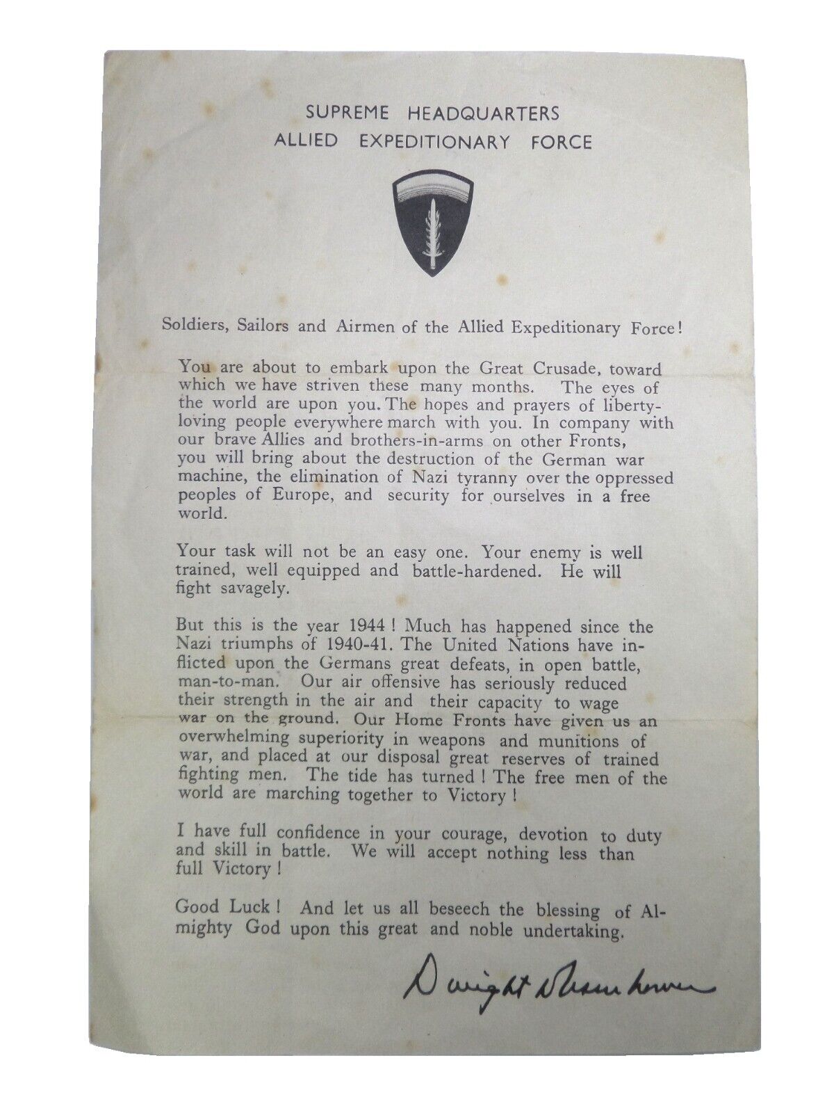 DWIGHT D. EISENHOWER\'S ORDER OF THE DAY 6TH JUNE 1944 RARE D-DAY INVASION LETTER