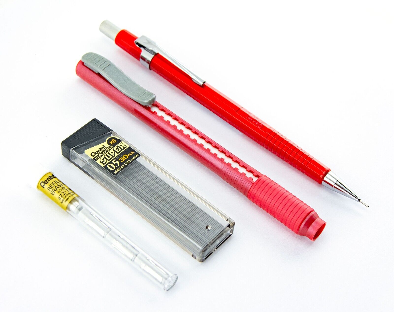 Pentel Sharp Mechanical Pencil Metallic Red 0.5mm Refill Leads Clic Eraser Lot