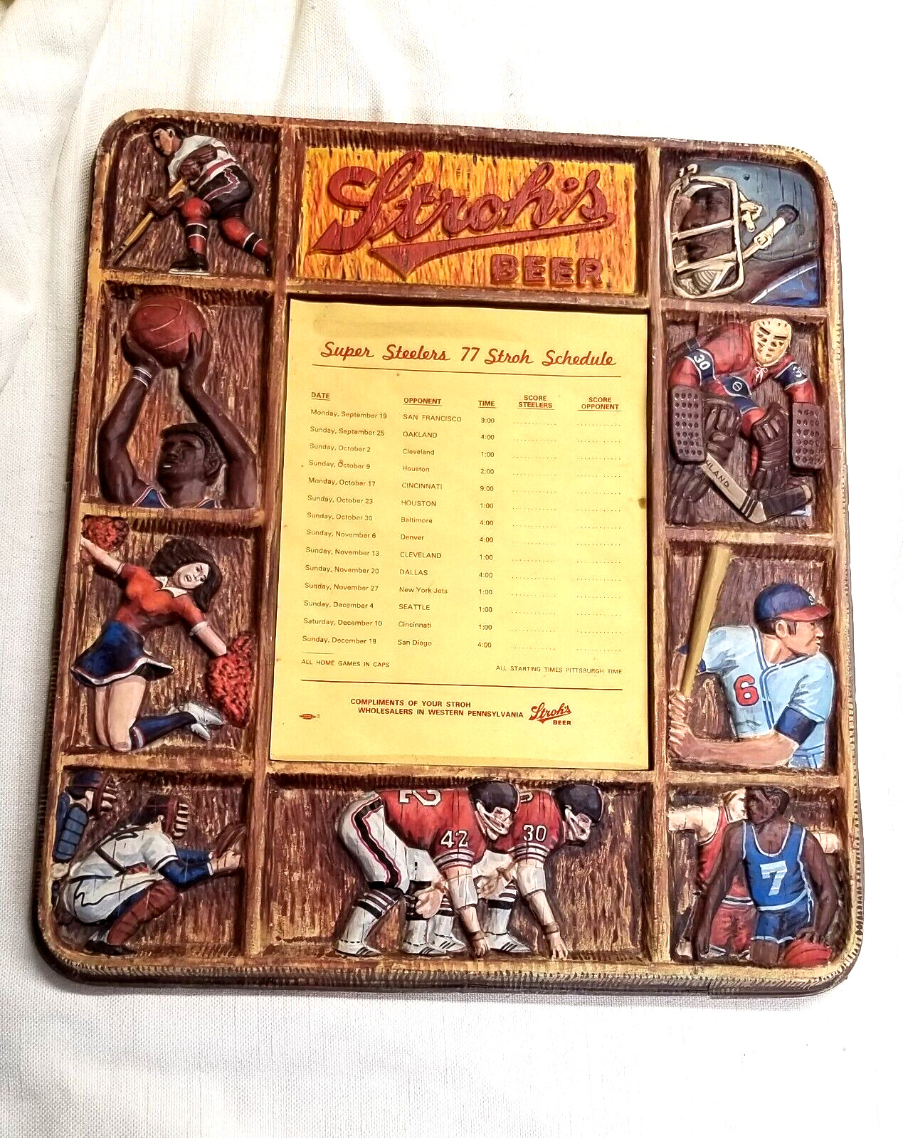 1977 Pittsburgh Steelers Sched~Strohl\'s Beer 3D Sign \