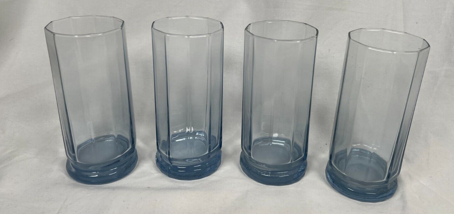 Set of 4 Vtg Anchor Hocking Light Blue Essex 10 Panel Glasses Tumblers 6.25\