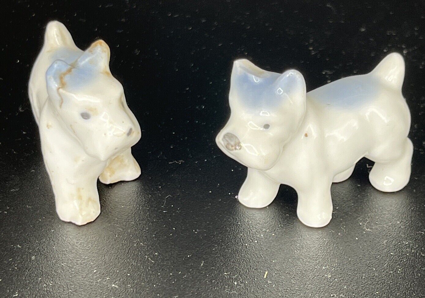 Pair Vtg Scottish Terrier porcelain Scotty Dog Blue/White Japan