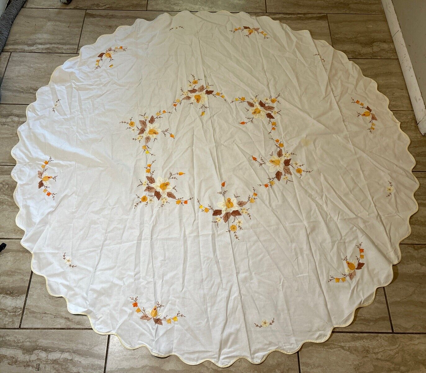 Vintage Needlepoint Embroidered Fall Round Cloth Tablecloth 65 inches.
