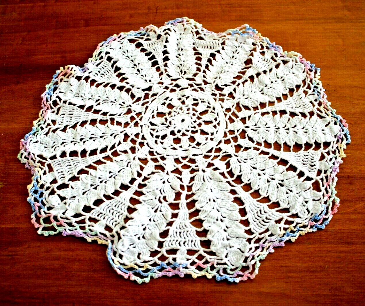 Doily Hand Crocheted Vintage Estate White With Pastel Trim Cotton 18\