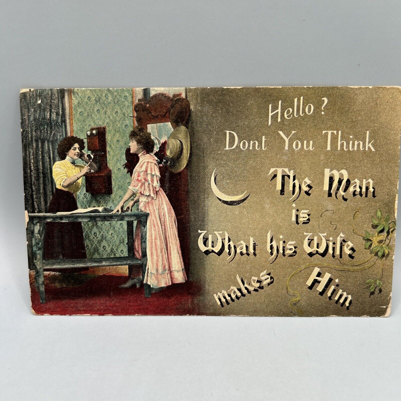 Antique Postcard Two Women On Phone Talking About Men