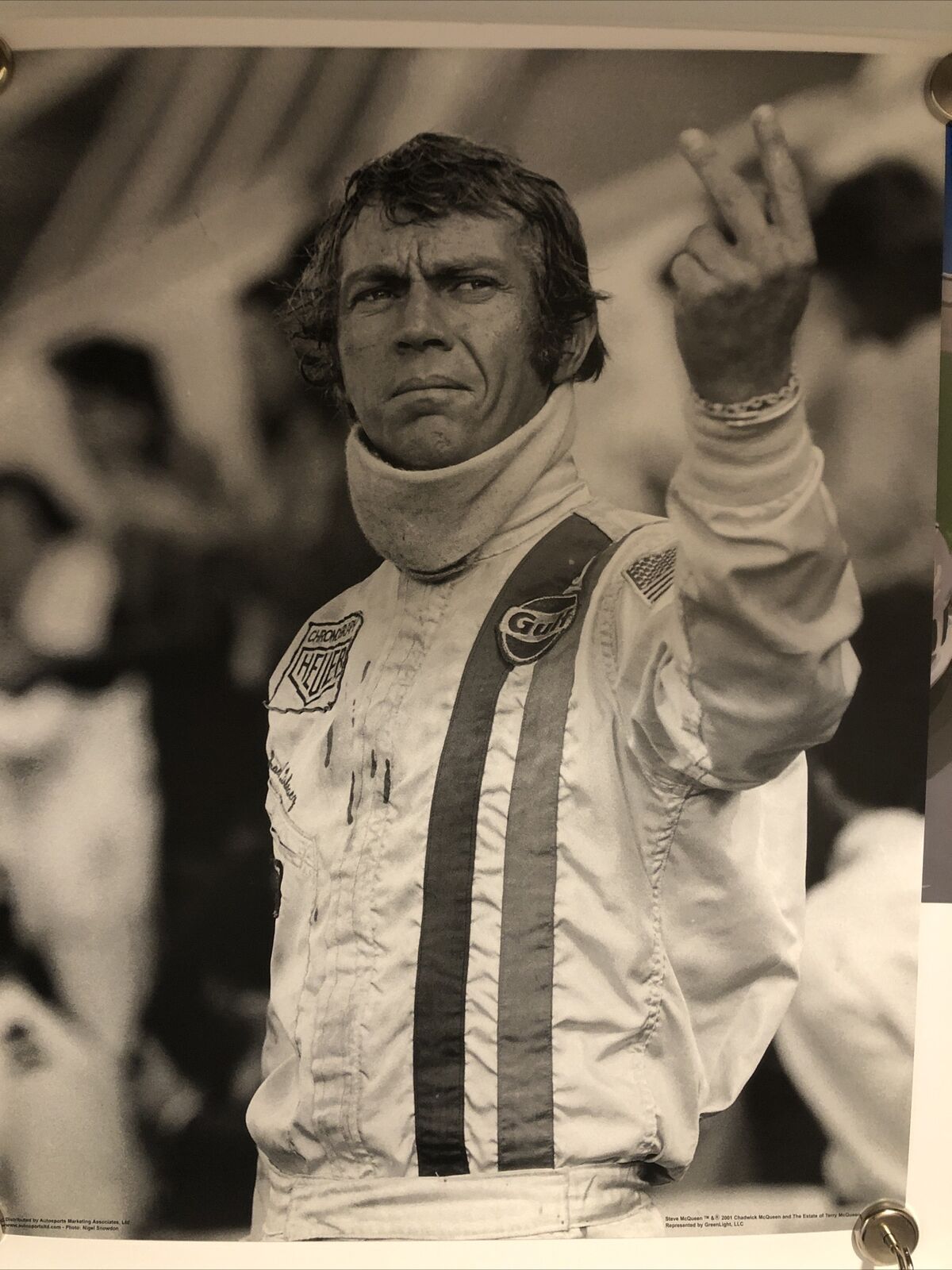 AWESOME Steve McQueen Porsche poster two fingers up Gulf Racing team