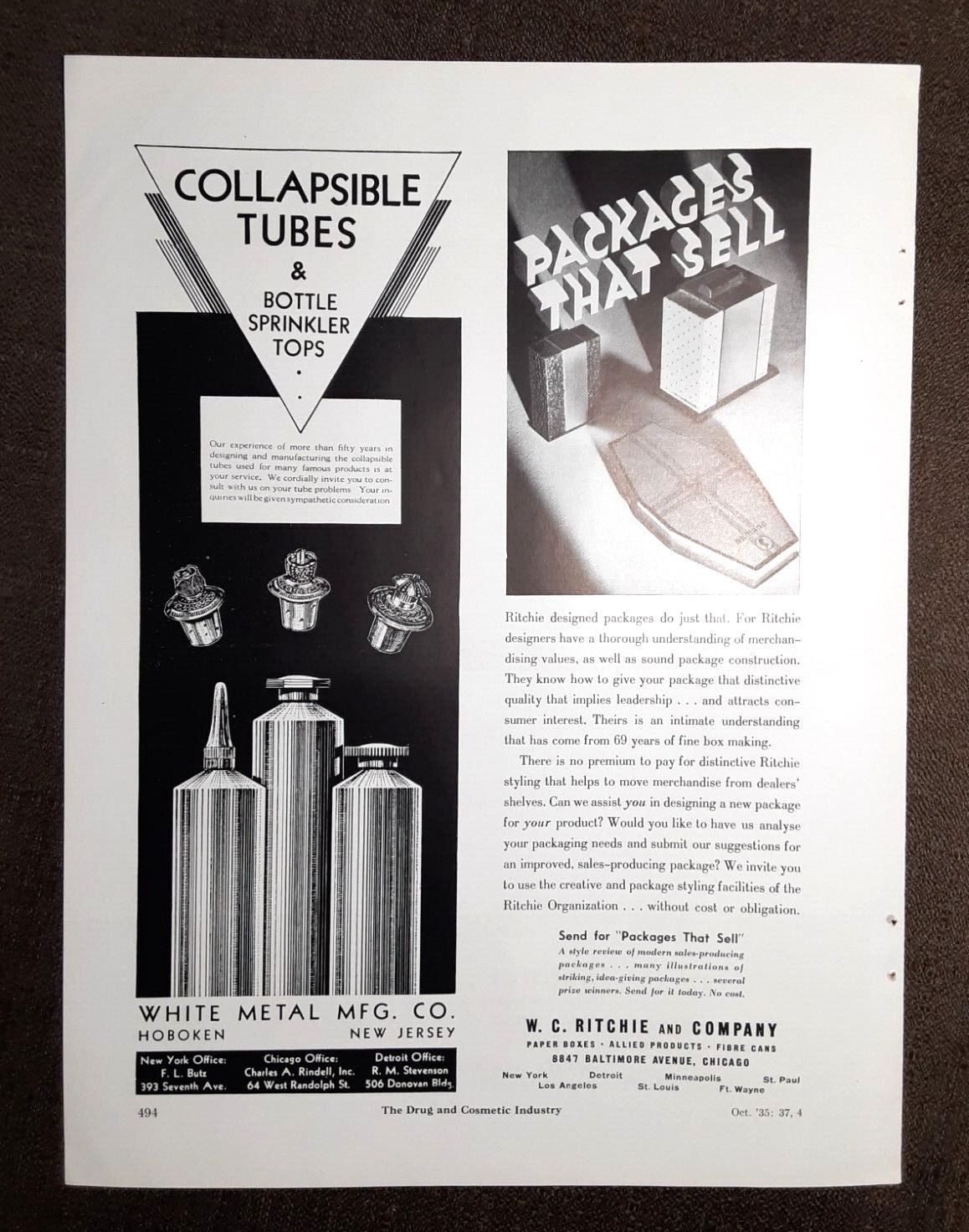 1935 WHITE METAL Mfg. TUBES Magazine AD~Hoboken NJ~W.C RITCHIE Packaging/Chicago