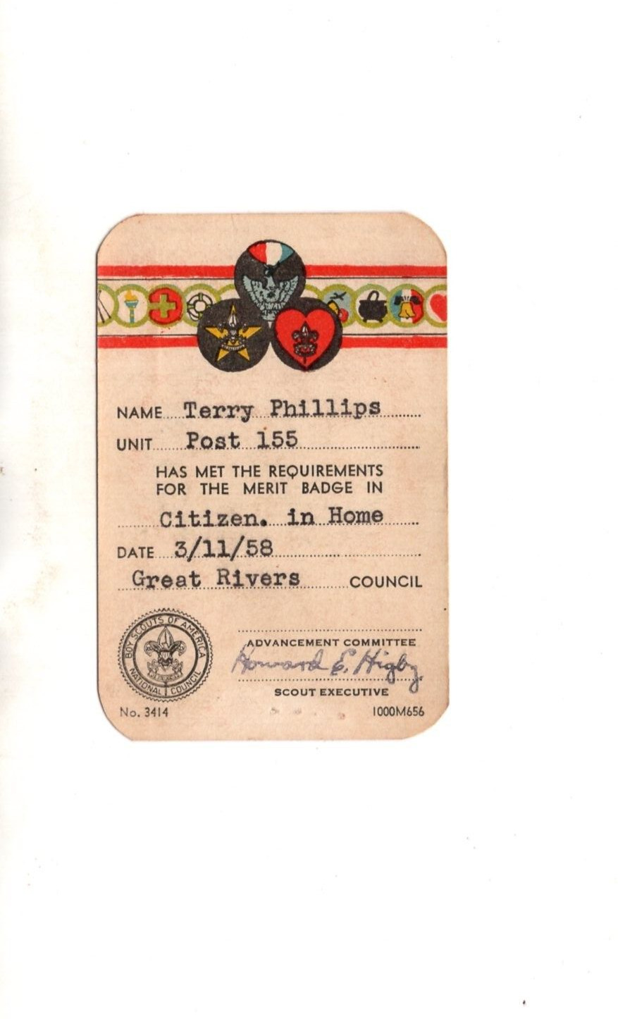 1958 Boy Scout BSA Merit Badge Card, Citizenship, Troop 155, Louisiana, Missouri
