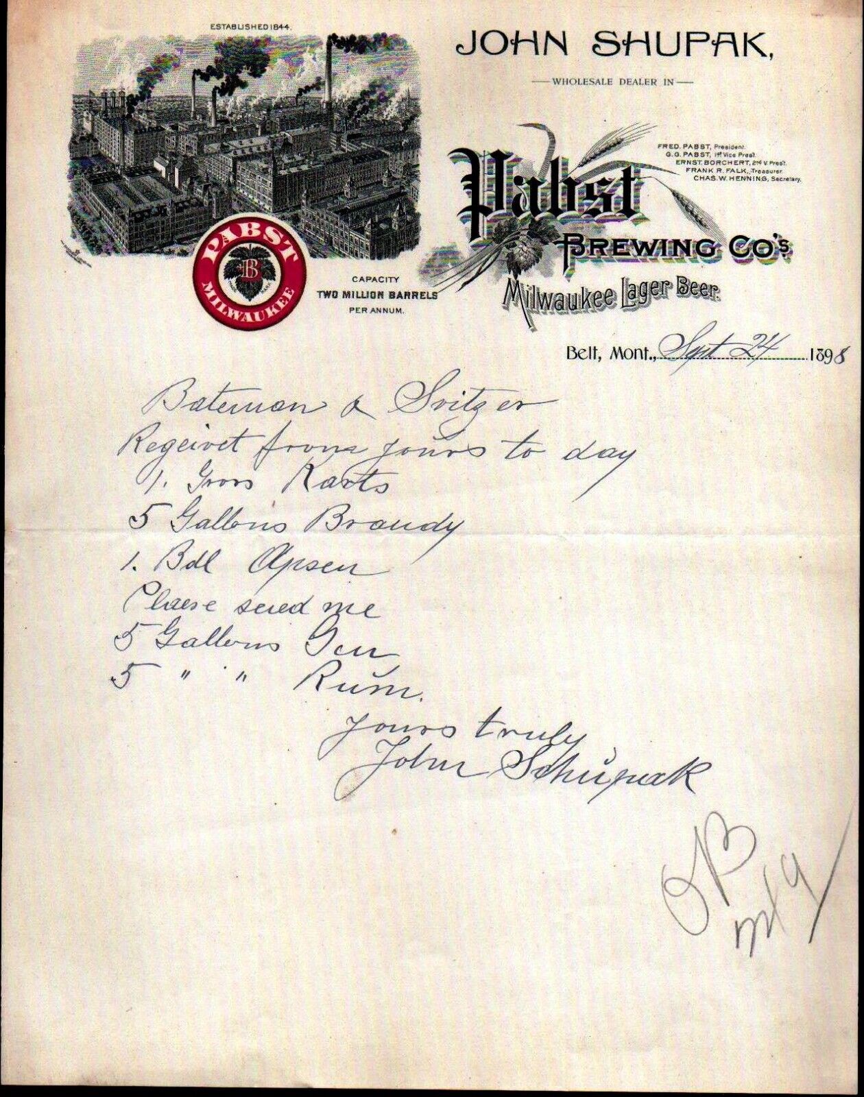1897  Pabst Brewing Co -  Bell Montana - Beer - John Shupak   Letter Head Bill