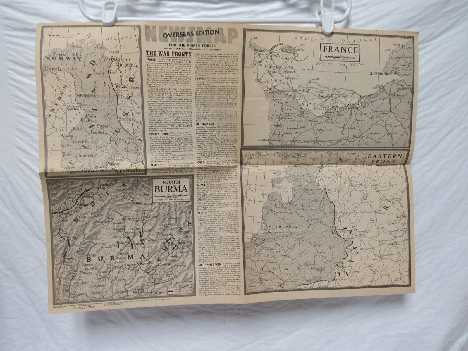 WW2 era NEWSMAP Overseas Edition Armed Forces July 10 1944 Map France Teamwork